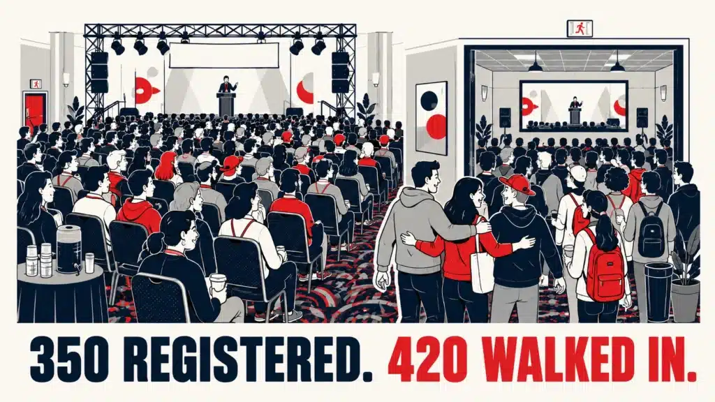 Packed seminar main room and overflow room with live video feed, captioned '350 registered, 420 walked in