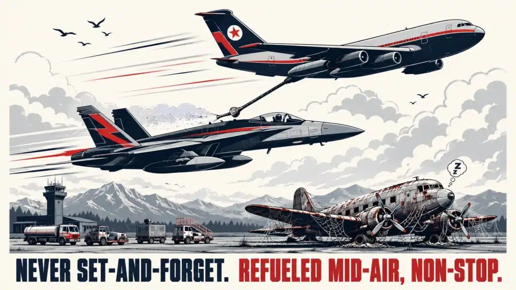 Fighter jet refueled mid-air by a tanker plane, symbolizing a continuously optimized ad campaign, next to an abandoned dusty plane symbolizing set-and-forget campaigns that fail