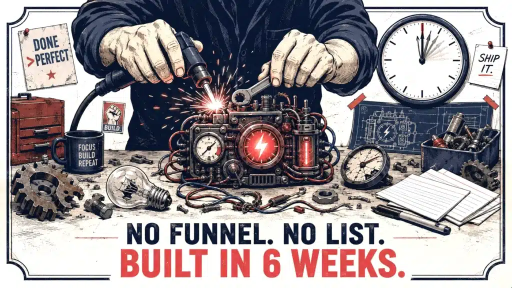 Hands building a machine from scratch on a workbench, captioned 'No funnel, no list, built in 6 weeks
