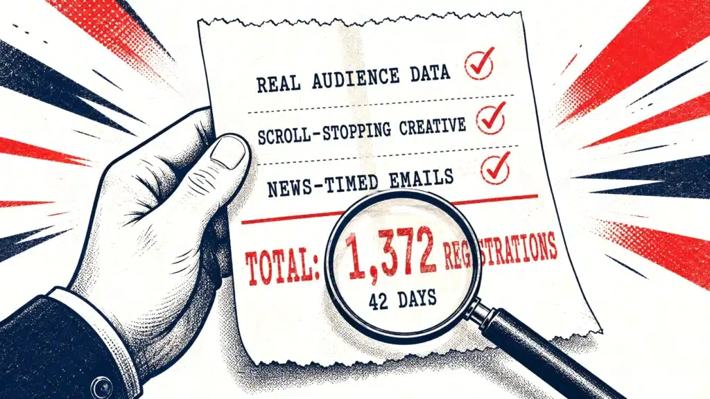 Hand holding a receipt checklist with real audience data, scroll-stopping creative, and news-timed emails checked off, magnified to show a total of 1,372 registrations in 42 days