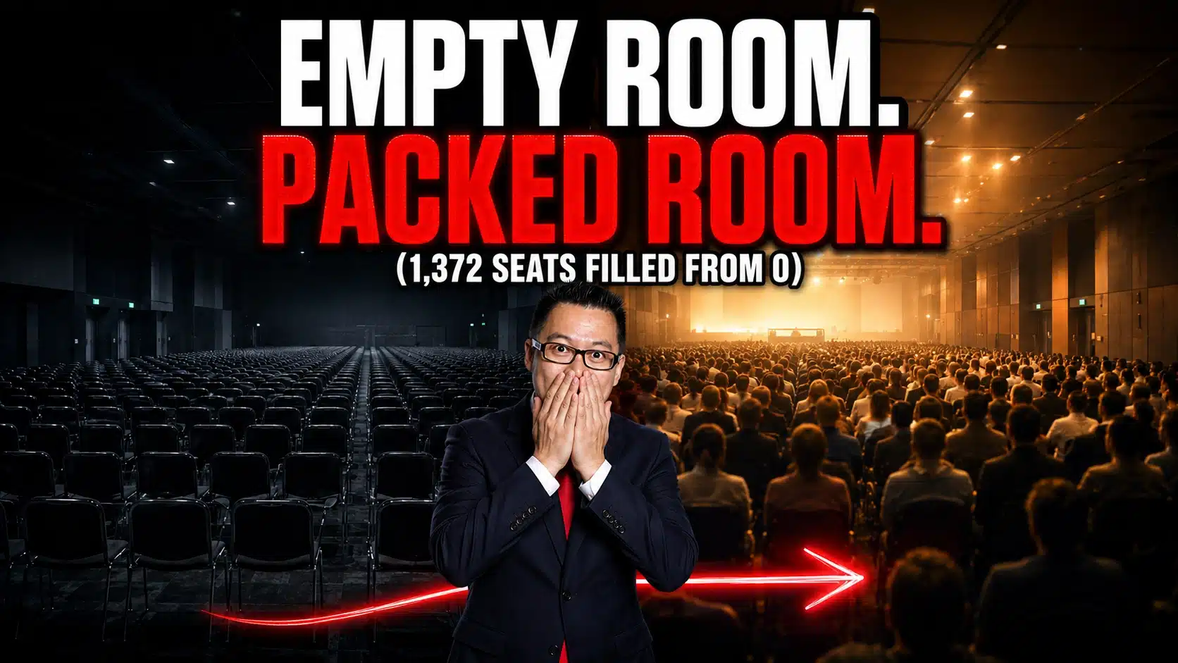Seminar marketing case study cover photo— empty room transformed into a packed room of 1,372 attendees filled from zero