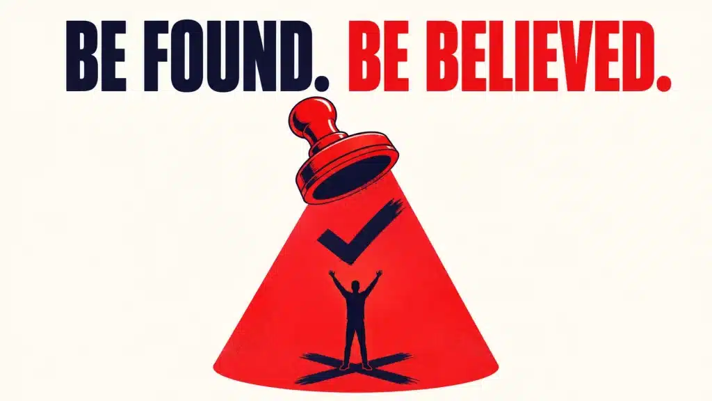 Red spotlight stamped with a checkmark shining down on a silhouetted figure with arms raised, illustrating that marketing for speakers means being found and being believed.