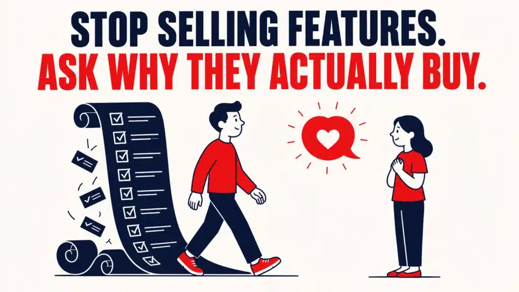 Illustration of a man walking away from a giant feature checklist toward a woman with a heart speech bubble, representing Aaron Chong's shift from pitching product specs to understanding why customers actually buy