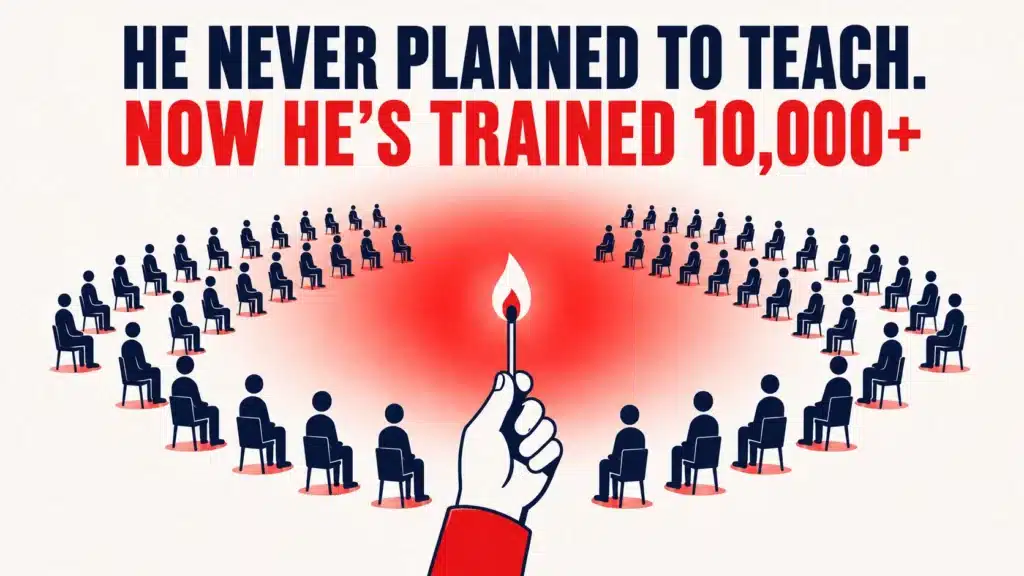Illustration of a hand lighting a single match that radiates outward to rows of seated silhouettes, representing Aaron Chong going from one student to training over 10,000 people