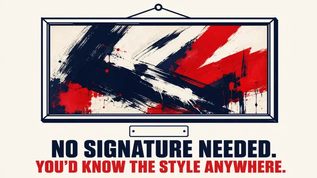 Abstract framed painting with bold navy, red, and white brushstrokes and an empty nameplate, symbolizing a brand style so distinct it needs no signature
