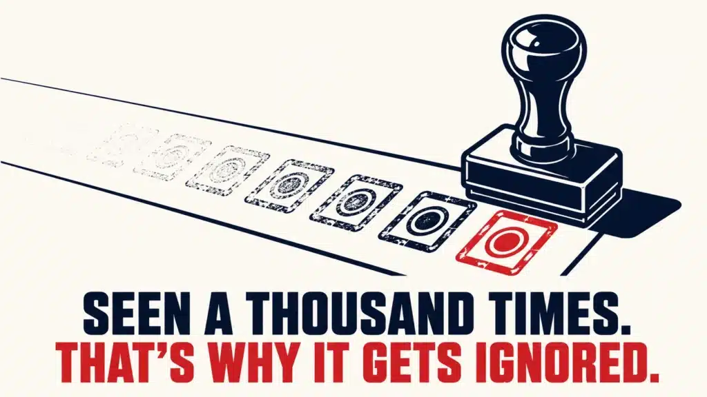 Illustration of a rubber stamp repeatedly imprinting the same faded icon in a row, with the final impression sharp and red, symbolizing overused stock imagery that the brain tunes out