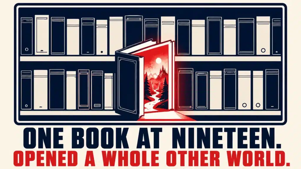 Bookshelf illustration with one book opened like a glowing red doorway revealing a moonlit forest path, symbolizing a single book discovery that opened a whole new world
