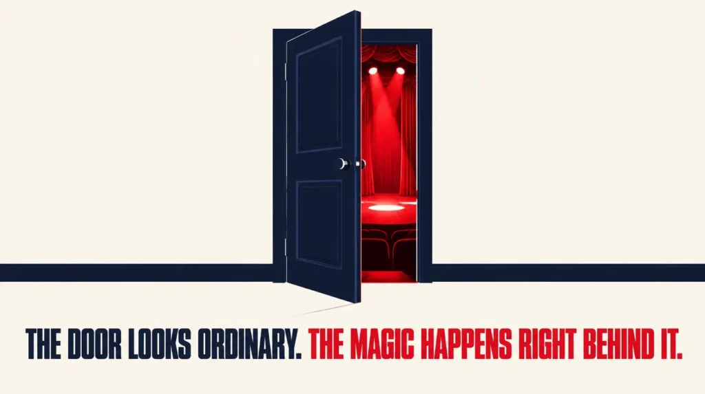 Illustration of an ordinary door opening to reveal a spotlit stage, representing how the VSL page is where the selling magic happens