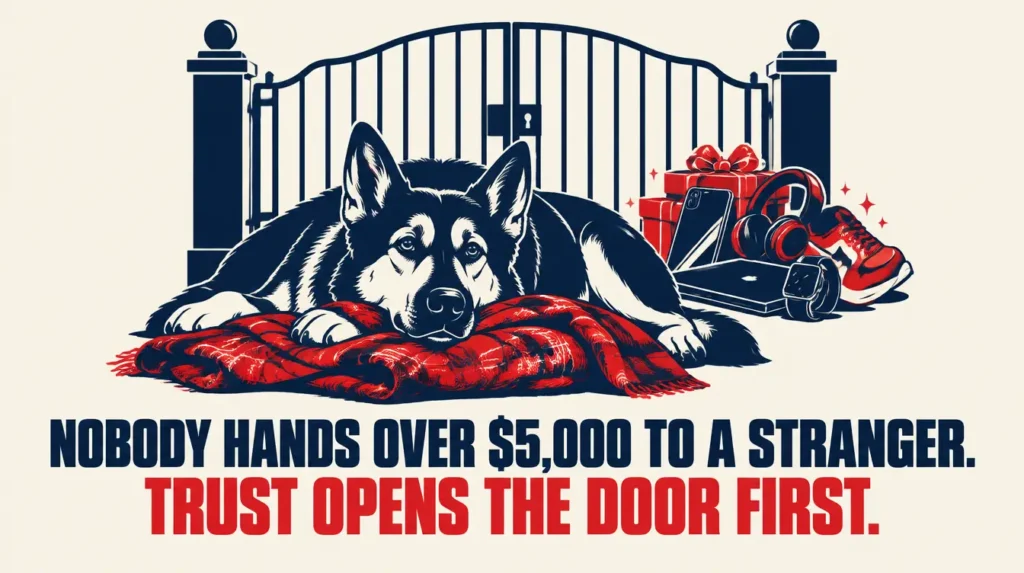 Illustration of a guard dog protecting valuables behind a locked gate, representing how trust must be earned before someone buys a high-ticket offer