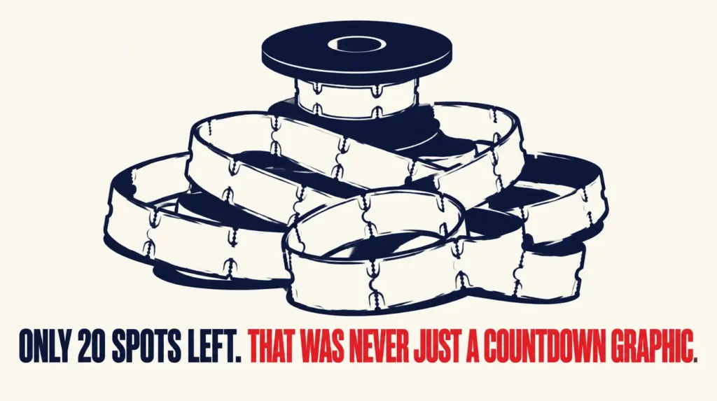 Illustration of a film reel unraveling like a countdown, representing the urgency created by a "20 spots left" countdown timer on a VSL page