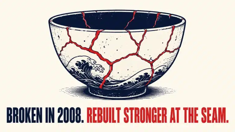 Kintsugi-style ceramic bowl with a Great Wave illustration, cracked and repaired with red gold-seam lines, symbolizing breaking down in 2008 and rebuilding stronger