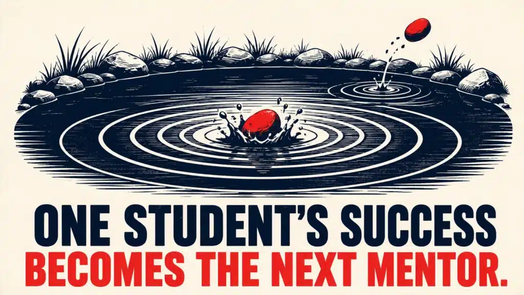 Ripple effect illustration of a red drop splashing into a pond, creating rings that trigger a second drop to launch outward, symbolizing one student's success creating the next mentor