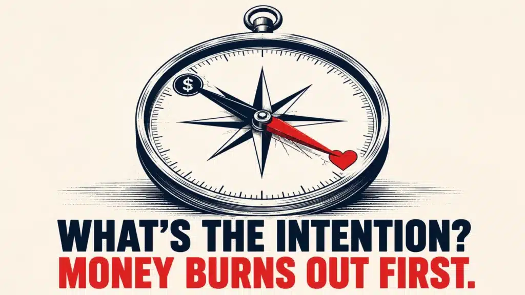 Compass with needle torn between a dollar sign and a heart, the red needle pointing toward the heart, symbolizing purpose over profit