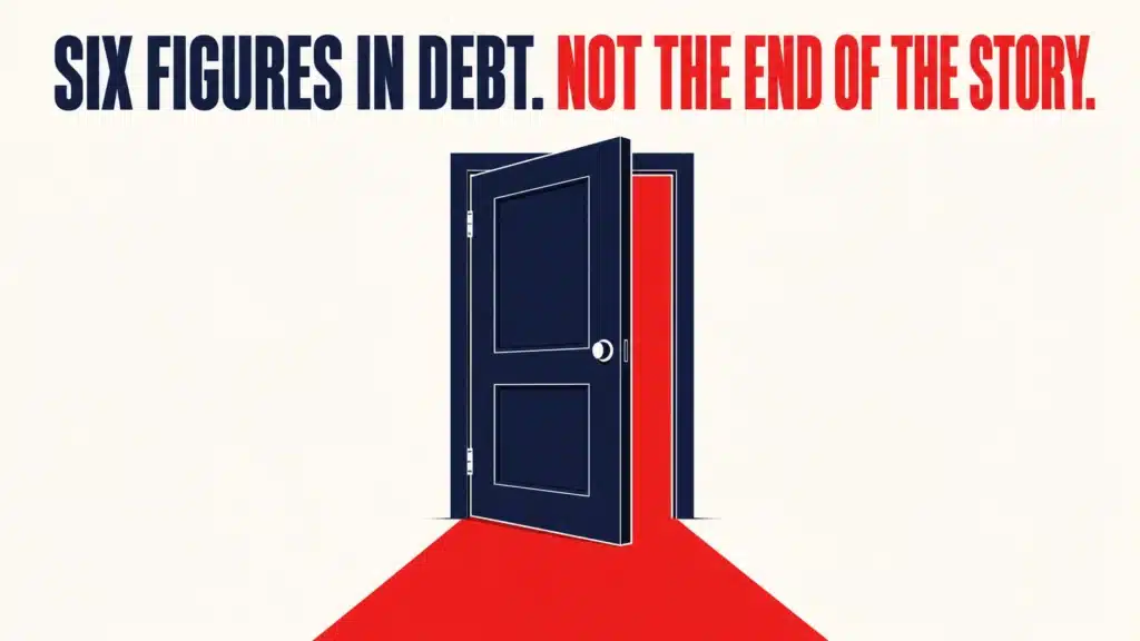 Illustration of a dark door opening onto a bright red hallway of light, text reads "Six figures in debt. Not the end of the story."