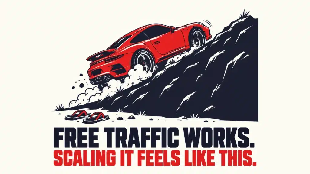 Illustration of a red sports car struggling uphill next to abandoned flip-flops, representing how free traffic works for webinar marketing but is hard to scale