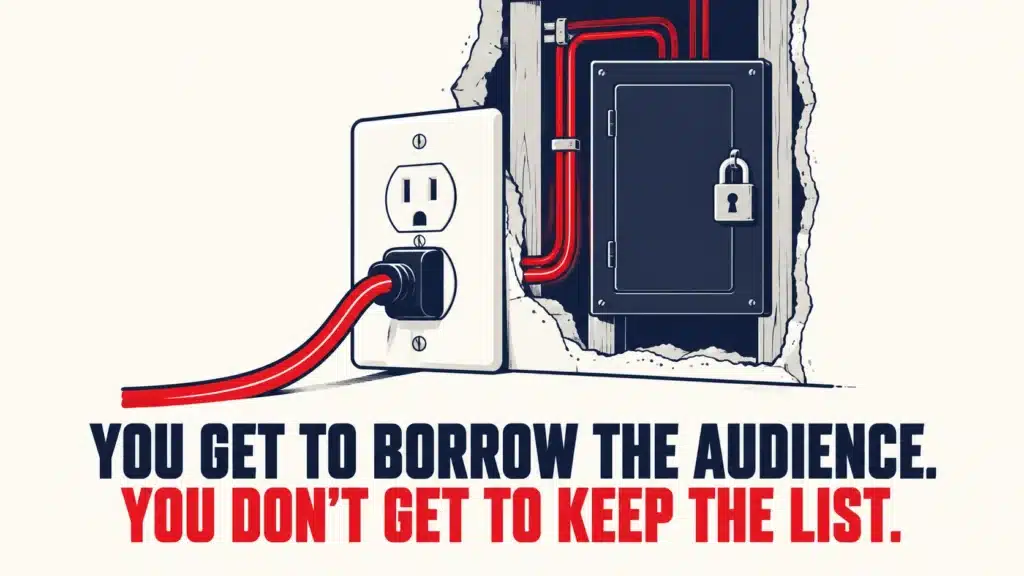 Illustration of a plug connected to a locked electrical panel, representing how JV partnerships let you borrow an audience but not keep the email list