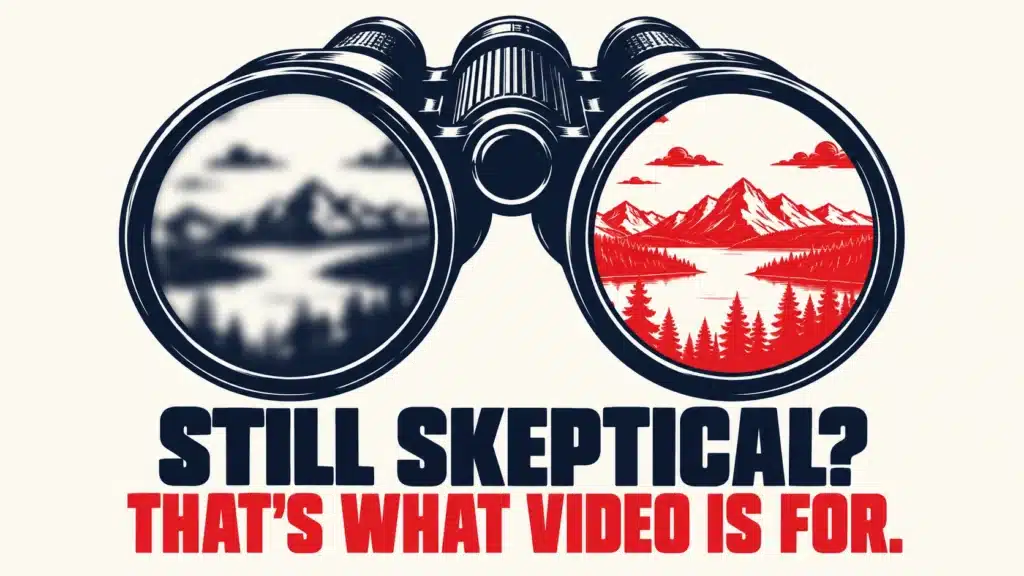 Illustration of binoculars showing a blurry black-and-white view versus a sharp, vivid red view, representing how video builds trust faster in webinar marketing