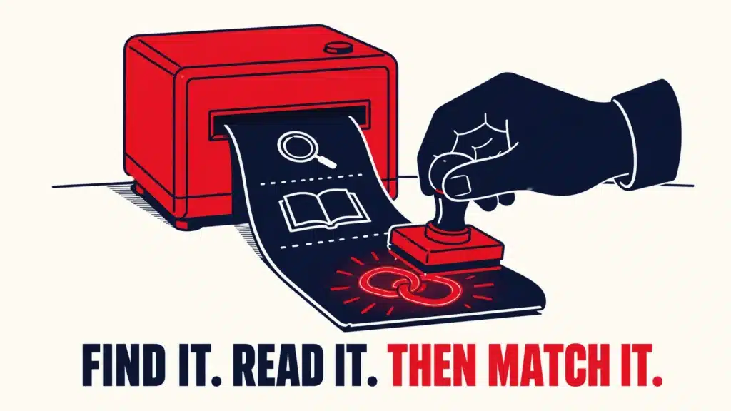 Magnifying glass, open book, and chain-link stamp on a printed strip, illustrating the three-step process of finding a winning ad, reading its message, then matching it on the landing page