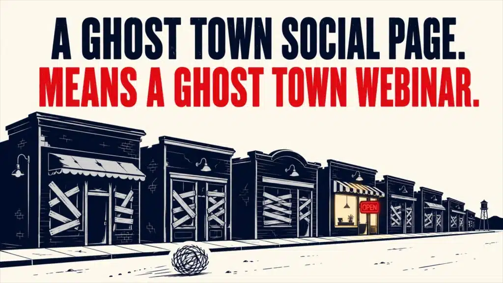 Row of boarded-up storefronts except one open shop, illustrating how a ghost town social page signals a ghost town webinar for anyone trying to make money from webinars