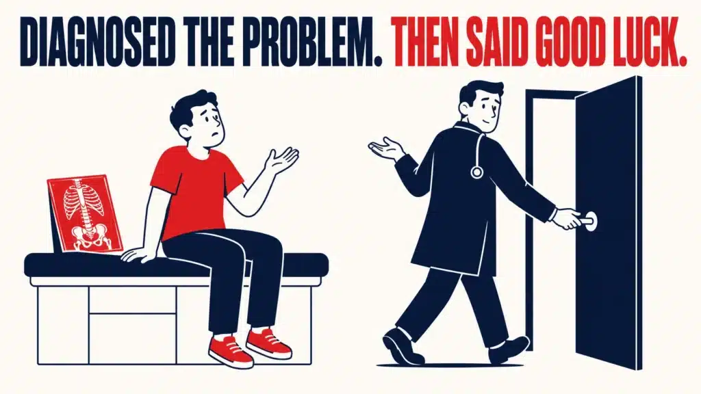 Doctor walking out after diagnosing a patient without treatment, illustrating a webinar that identifies the problem but fails to pitch the solution