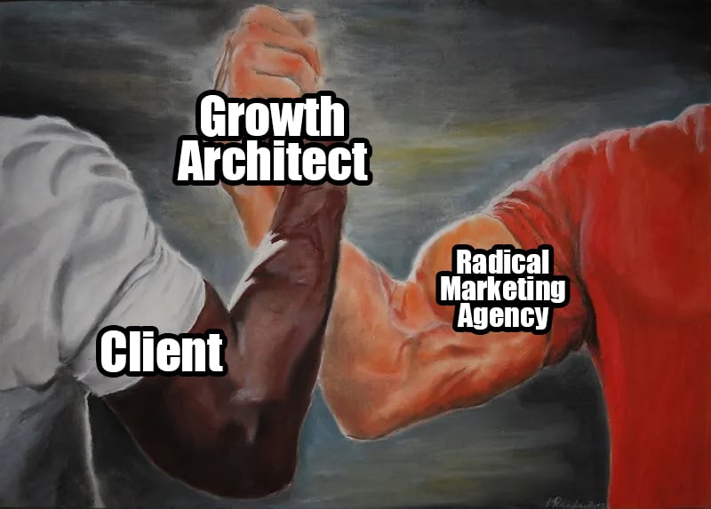 A Radical Marketing representative and client exchange a fist bump, symbolizing a strategic partnership for webinar marketing services and business growth.