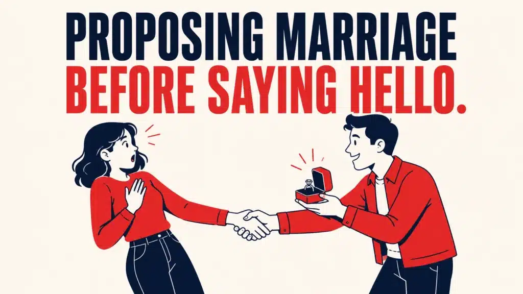 Man proposing marriage with a ring while shaking hands with a startled woman, illustrating a webinar registration page that pitches before it connects