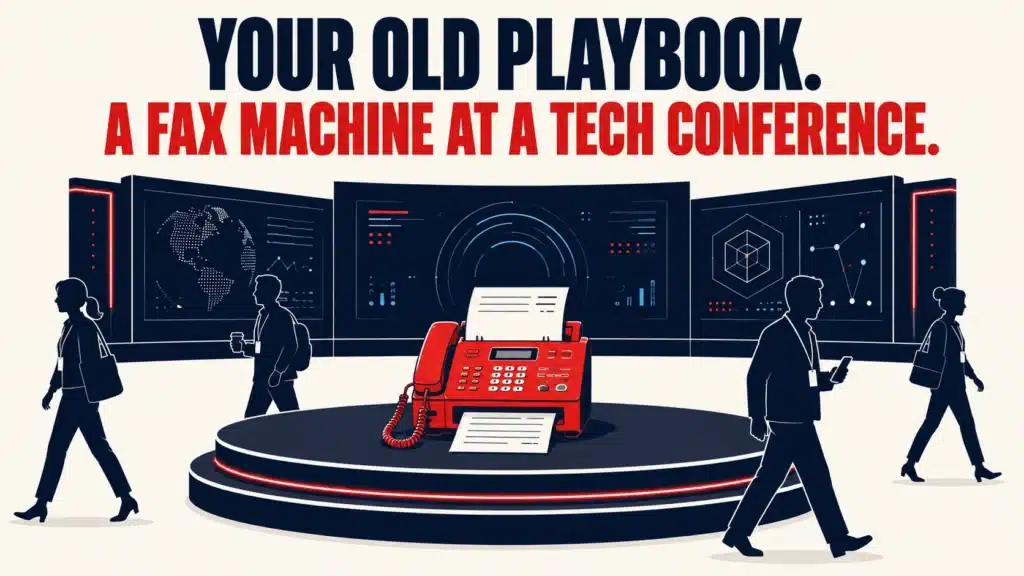 Illustration of a red fax machine displayed on a pedestal at a modern tech conference, with digital data screens in the background and attendees walking past, symbolizing outdated webinar lead generation tactics.