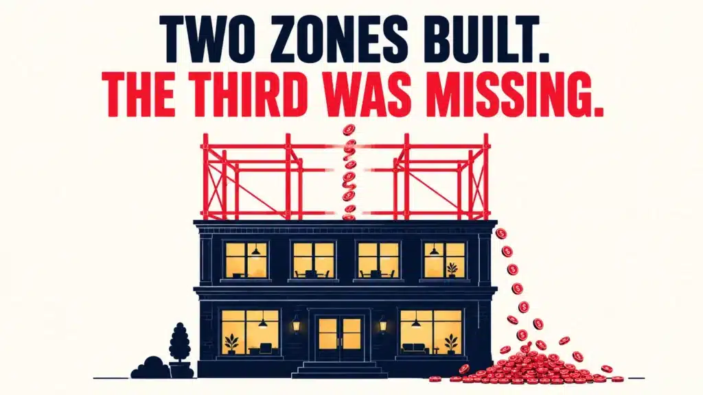 Illustration of a two-story building with scaffolding on top and money coins spilling out where a third floor should be, representing a webinar funnel missing its critical Zone 3.