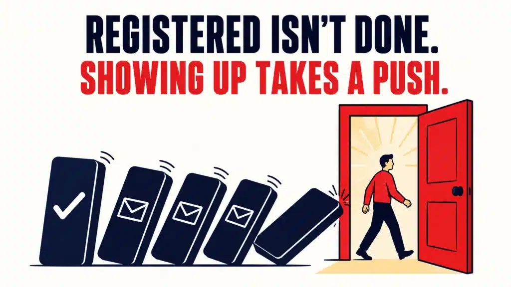 Illustration of dominoes — a checkmark, then email icons — falling in sequence and pushing a man through a doorway, representing the email sequence that moves someone from registration to actually showing up to a webinar.
