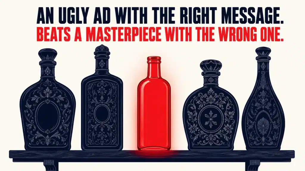 Illustration of five ornate vintage bottles on a shelf, four dark and decorative, one plain red bottle glowing among them, symbolizing a simple ad with the right message standing out over polished but ineffective creative.