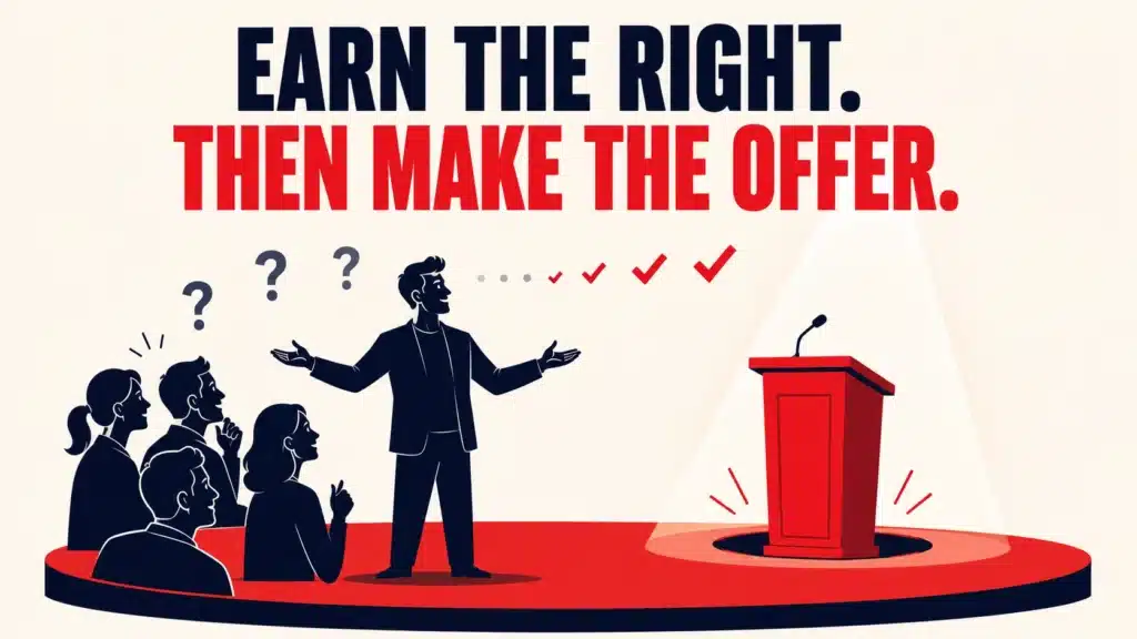 Illustration of a speaker addressing an audience whose question marks turn into checkmarks, with an empty spotlit podium beside them, representing how a webinar must build credibility and content before making the sales offer.
