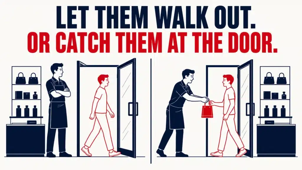 Split illustration comparing a shopkeeper letting a customer leave empty-handed versus a shopkeeper handing the customer a bag at the door, representing the difference between abandoning webinar leads after the event and following up with Zone 3.