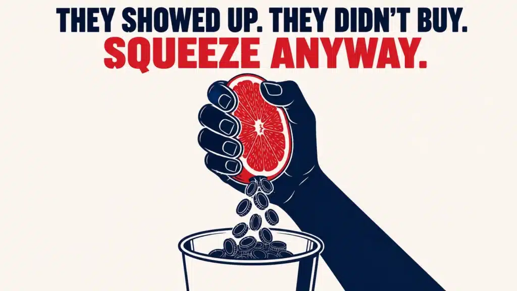 Illustration of a hand squeezing a grapefruit half, with coins dropping into a cup, representing extracting revenue from webinar attendees who didn't purchase.