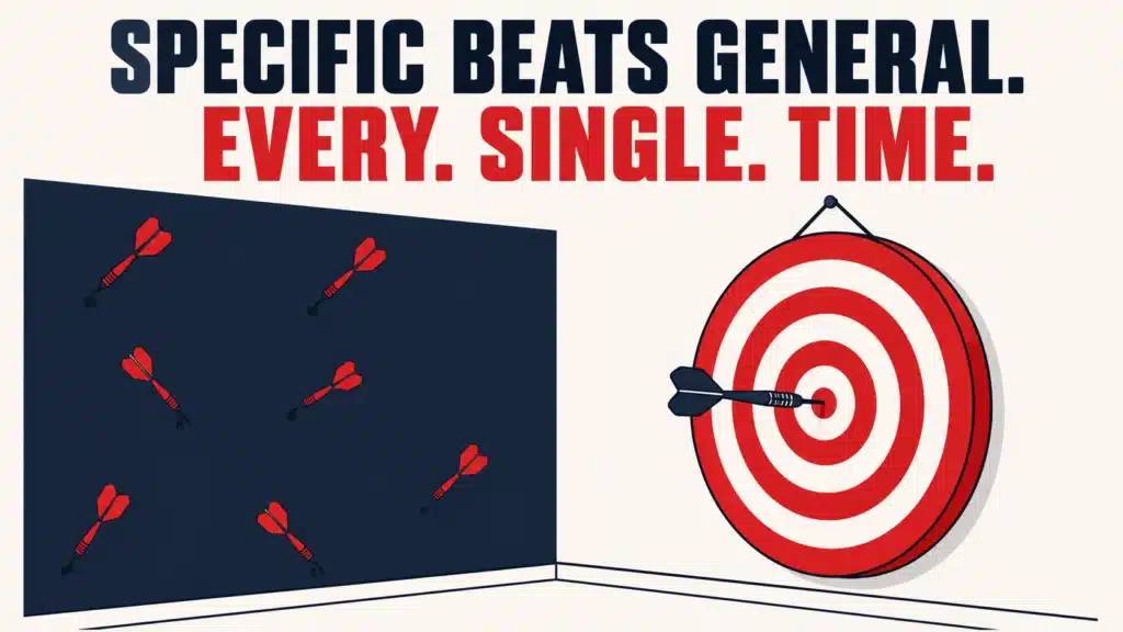 Darts scattered on a wall next to one dart hitting a bullseye, illustrating why specific social proof beats vague testimonials