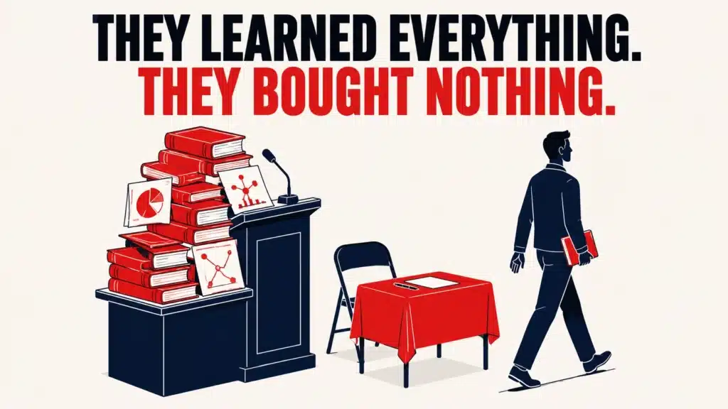 Illustration of an overloaded lecture podium stacked with books next to an empty red sales table, with an attendee walking away, representing a webinar that over-teaches and under-sells