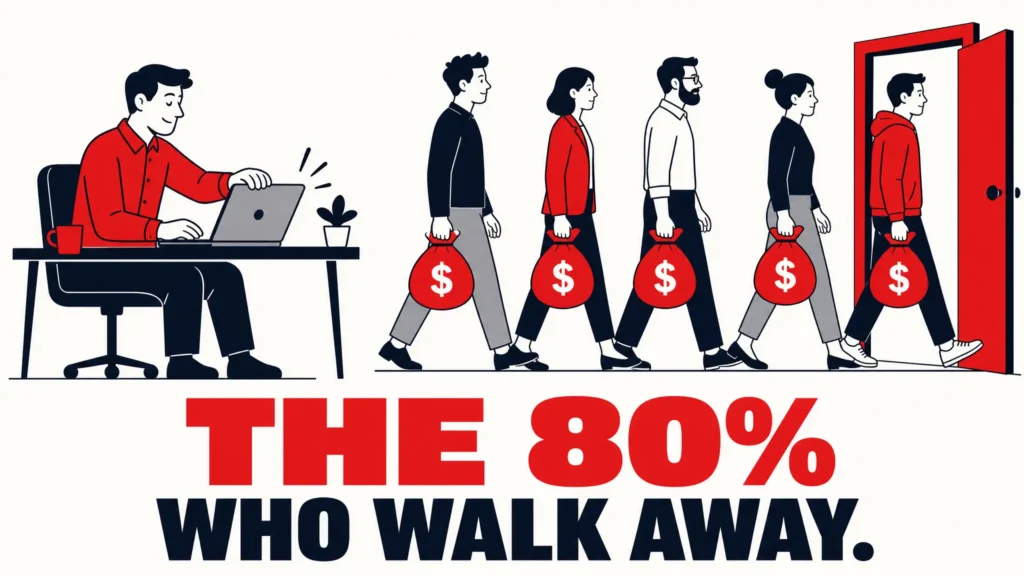 Illustration of a marketer working on a laptop while webinar attendees carrying money bags walk away through a door, representing potential customers lost due to poor webinar follow-up.