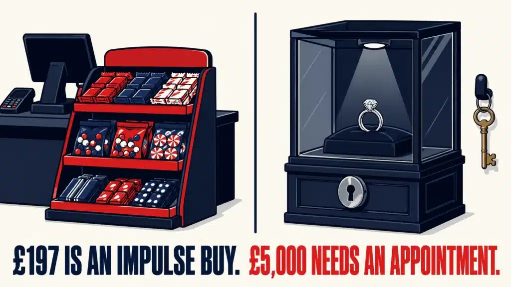 Illustration contrasting a £197 checkout candy display with a locked £5,000 ring display case, illustrating why webinar conversion rates for low-ticket and high-ticket offers can't be compared on the same benchmark.