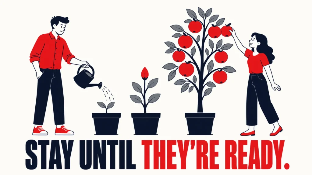 Illustration of a person watering small plants that grow into a fruit-bearing tree, representing the process of nurturing webinar attendees over time until they are ready to become customers.