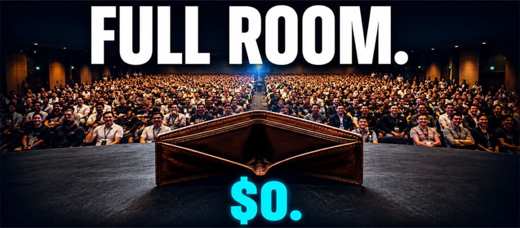 an auditorium filled with webinar attendance with an empty wallet on stage- cover page for the blog: webinar conversion rate: how to convert webinar attendees