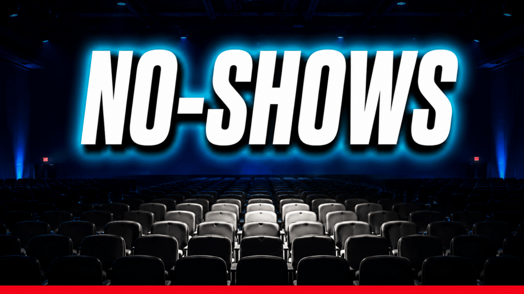 An empty theatre auditorium with vacant seats and an unoccupied stage, representing poor attendance and high no-show rates at events or webinars.