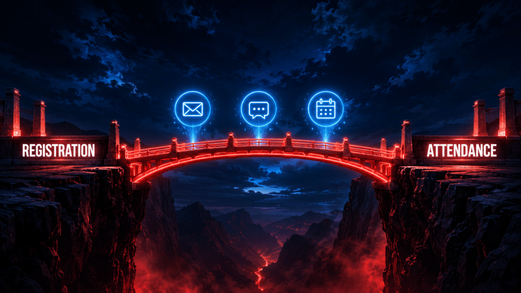 A conceptual bridge connecting webinar registrations on one side and attendee participation on the other, with reminder emails, SMS messages, and calendar bookings acting as the supports that help registrants show up.