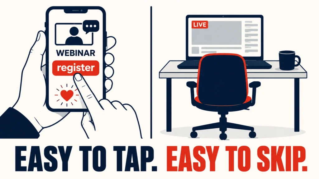 Split-screen illustration showing a person casually liking a social media post on a phone beside an empty chair facing a live webinar, highlighting the gap between webinar registrations and actual attendance.