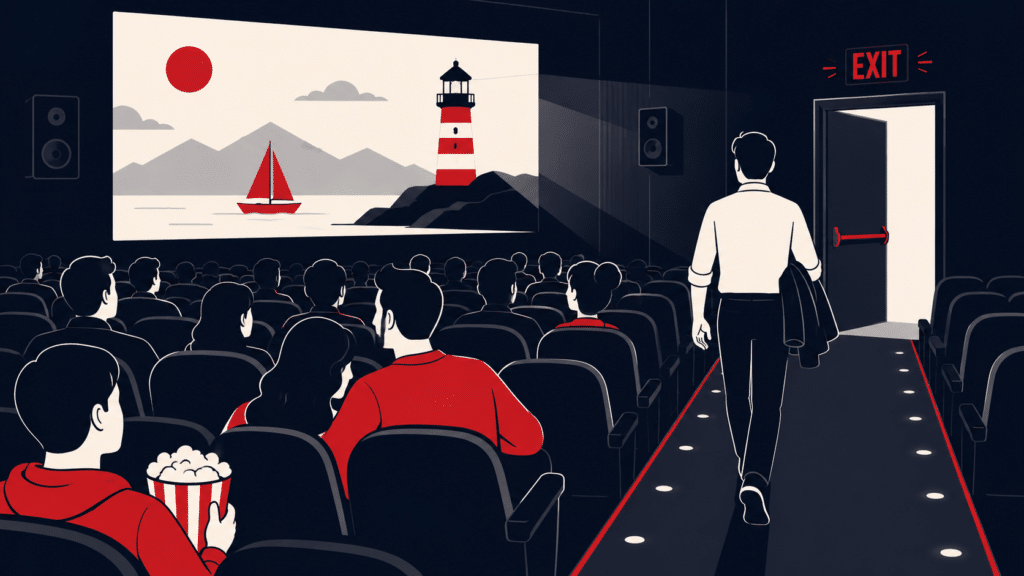 Person leaving a cinema before the movie ends while the rest of the audience continues watching, representing a webinar attendee who leaves before the presentation is finished.