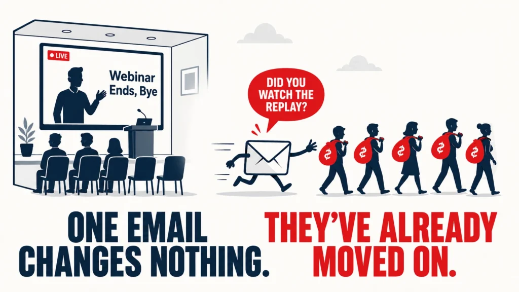 Illustration showing a webinar ending while attendees walk away, with a replay email chasing after them, highlighting that a single follow-up email is not enough to re-engage webinar registrants.
