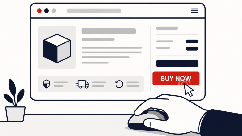 Person hovering over a "Buy" button after watching a webinar, representing a full-attendance webinar participant who is considering the offer but hasn't purchased yet.