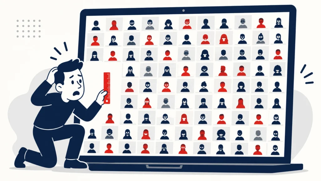 Illustration of someone measuring webinar attendance with a small ruler that is clearly the wrong size, representing the mistake of comparing webinar performance against the wrong benchmark.