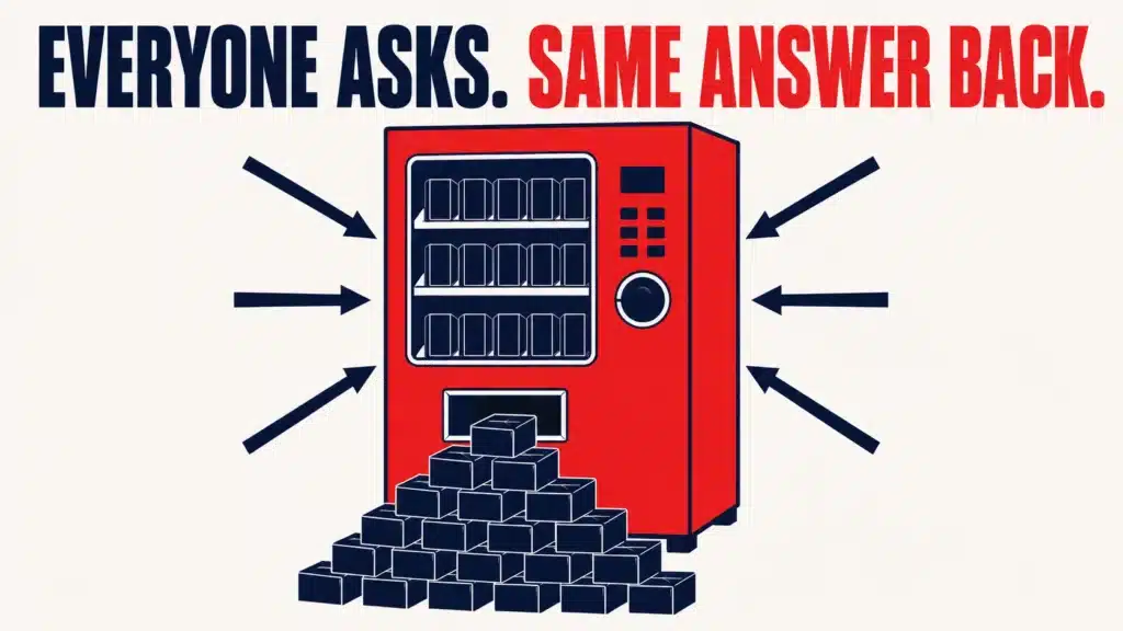 Illustration of a vending machine dispensing identical blocks as arrows point towards it, symbolising businesses receiving the same AI-generated answers