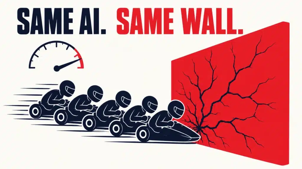 Illustration of several go-karts speeding into a cracked red wall with the words "Same AI. Same Wall.", representing businesses using identical AI-generated marketing strategies.