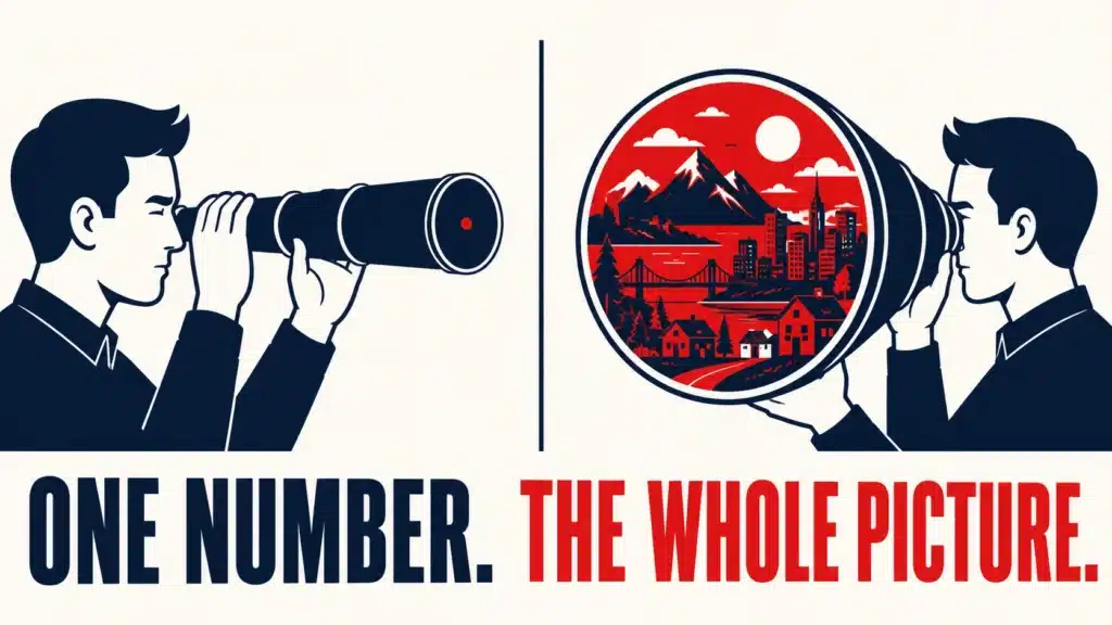 Illustration of a telescope comparing one small view with the bigger picture, representing how a digital marketing webinar campaign should be measured using the entire funnel, not just cost per lead.