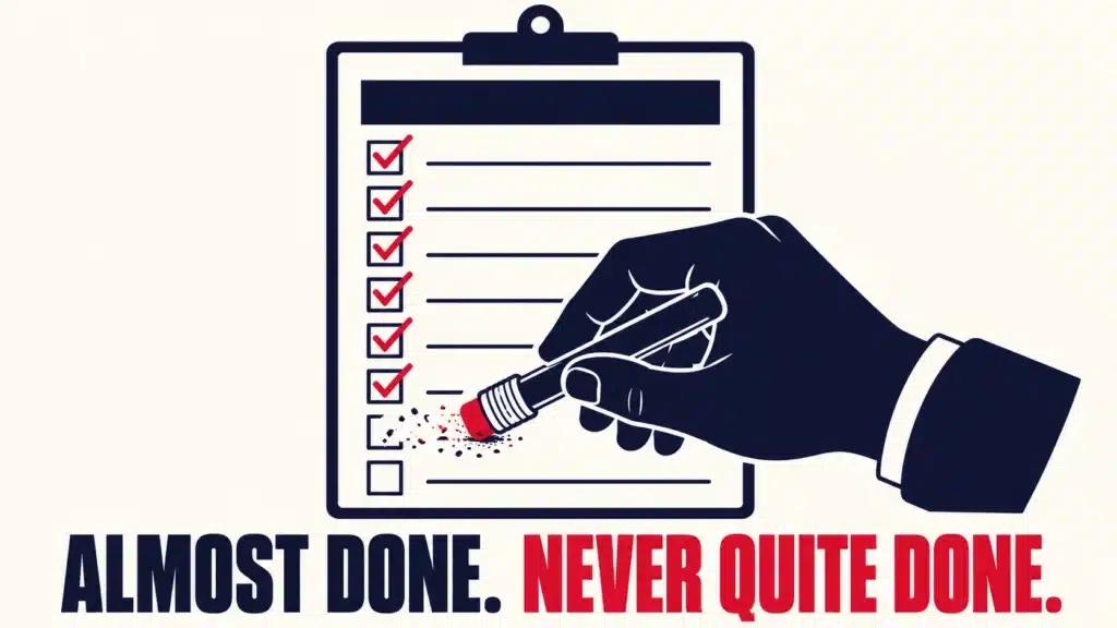 Illustration of a checklist with the words "Almost Done. Never Quite Done." representing continuous improvement in digital marketing webinar campaigns and webinar funnel optimisation.